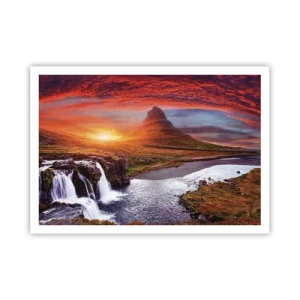 Poster - Berglandschaft mit Wasserfall bei Sonnenuntergang - 100x70cm - Ein Blick auf Mittelerde - Moderne Wanddekoration für Wohnzimmer und Schlafzimmer ARTTOR