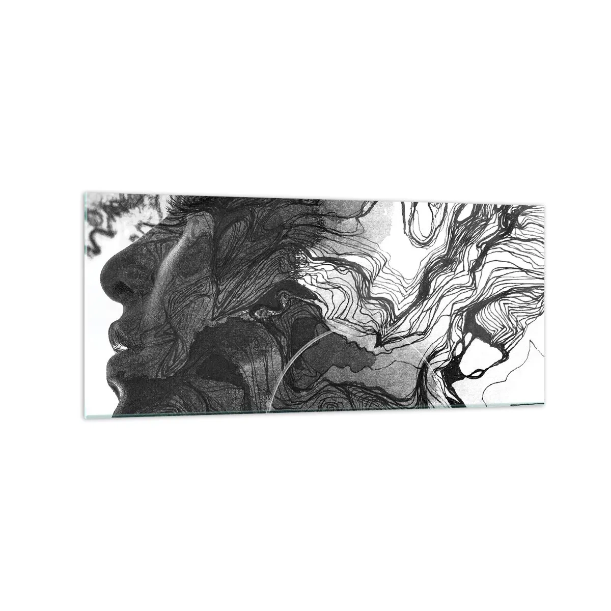 Glasbild - Bild auf glas - Abstraktes Gesicht in Schwarzweiß mit dynamischen Linien. - 120x50cm - Verstrickt in Träume - Moderne Wanddekoration für Wohnzimmer und Schlafzimmer ARTTOR