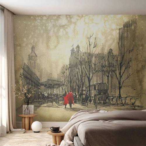 Fototapete Premium Sand - Stadtskizze mit Figuren in roten Mänteln - 100x70cm - Ein Date im Londoner Nebel - Moderne Wanddekoration für Wohnzimmer und Schlafzimmer ARTTOR