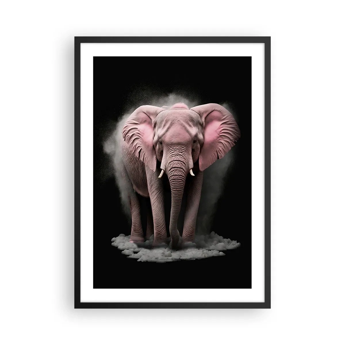 Poster in einem schwarzem Rahmen - Ein rosa Elefant in einem dynamischen, schwarzen Raum - 50x70cm - Denke nicht an einen rosa Elefanten! - Moderne Wanddekoration für Wohnzimmer und Schlafzimmer ARTTOR