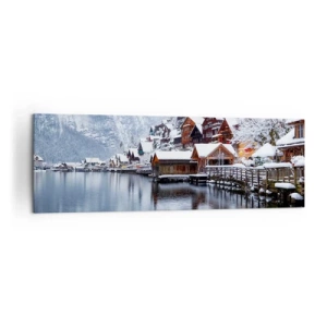 Bild auf Leinwand - Leinwandbild - Winteransicht eines Bergdorfes am See - 160x50cm - In winterlicher Dekoration - Moderne Wanddekoration für Wohnzimmer und Schlafzimmer ARTTOR