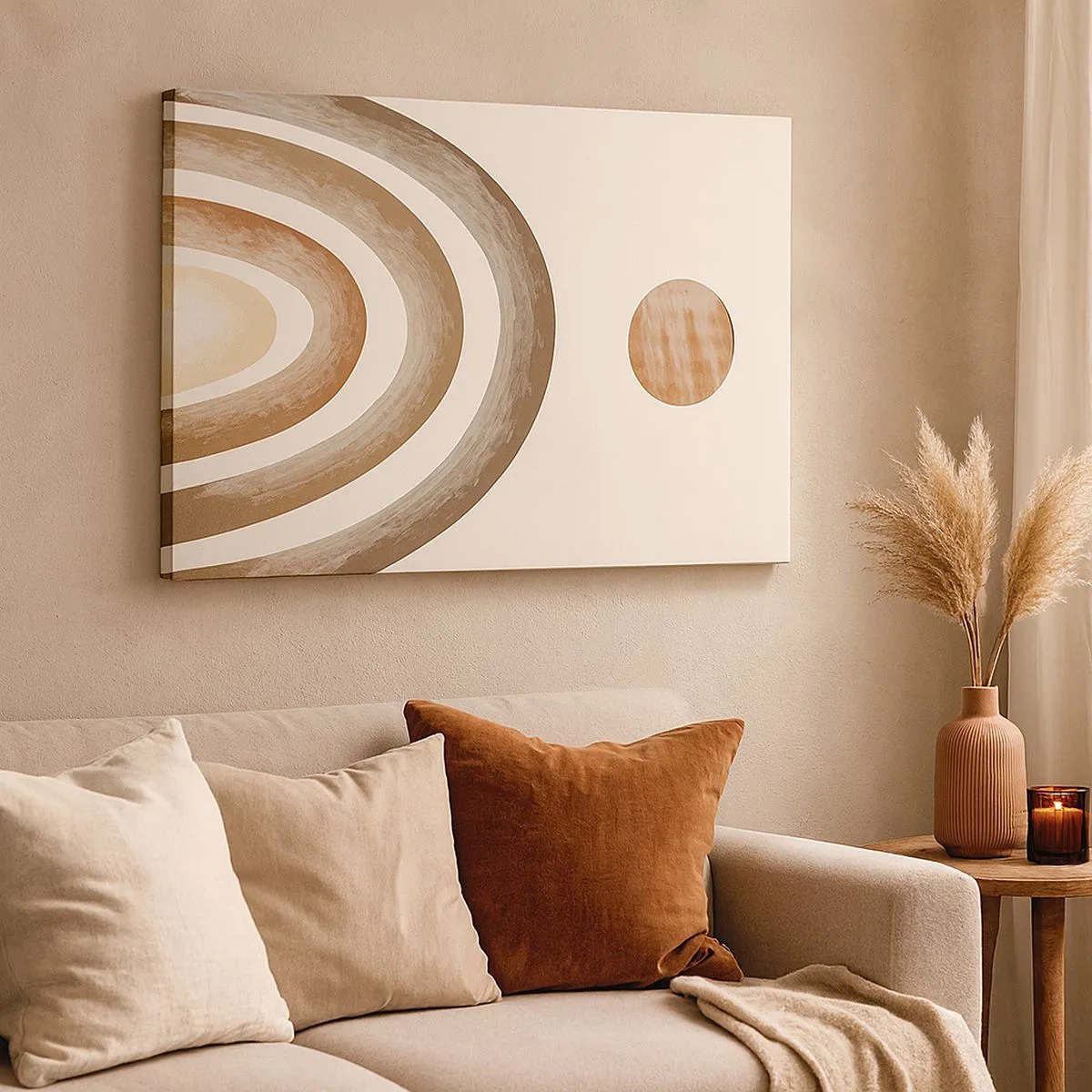 Bild auf Leinwand - Leinwandbild - Geometrisches Planetenmotiv in Brauntönen - 70x50cm - In einer weit entfernten Galaxie - Moderne Wanddekoration für Wohnzimmer und Schlafzimmer ARTTOR