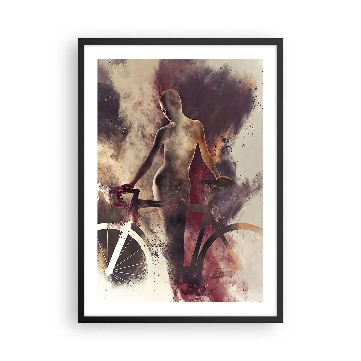 Poster in einem schwarzem Rahmen - Silhouette einer Frau mit einem Fahrrad vor einem künstlerischen, rauchigen Hintergrund - 50x70cm - Eine Fahrradseele in Marmorformen - Moderne Wanddekoration für Wohnzimmer und Schlafzimmer ARTTOR