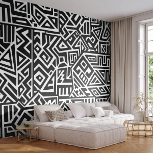 Fototapete Premium Sand - Schwarz-weißes Muster, inspiriert von Stammesmotiven - 100x70cm - Präkolumbianische Komposition - Moderne Wanddekoration für Wohnzimmer und Schlafzimmer ARTTOR