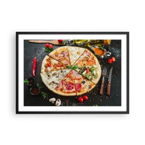 Poster in einem schwarzem Rahmen - Pizza in verschiedenen Geschmacksrichtungen mit verschiedenen Belägen - 70x50cm - Eine Reihe von Geschmacksrichtungen - Moderne Wanddekoration für Wohnzimmer und Schlafzimmer ARTTOR