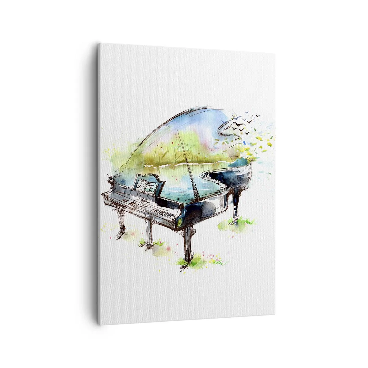 Bild auf Leinwand - Leinwandbild - Künstlerische Aquarellmalerei eines Klaviers mit der Natur im Hintergrund - 50x70cm - Von Musik verzaubert - Moderne Wanddekoration für Wohnzimmer und Schlafzimmer ARTTOR