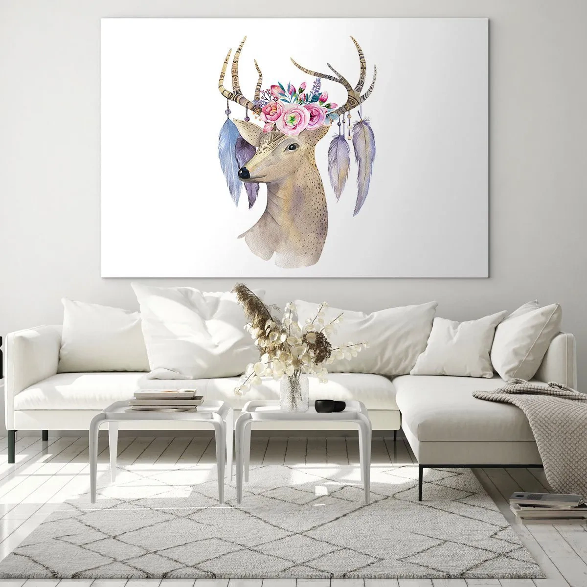 Glasbild - Bild auf glas - Hirsch mit Blumenkranz und Federn - 100x70cm - Seelenführer - sanft, unschuldig - Moderne Wanddekoration für Wohnzimmer und Schlafzimmer ARTTOR