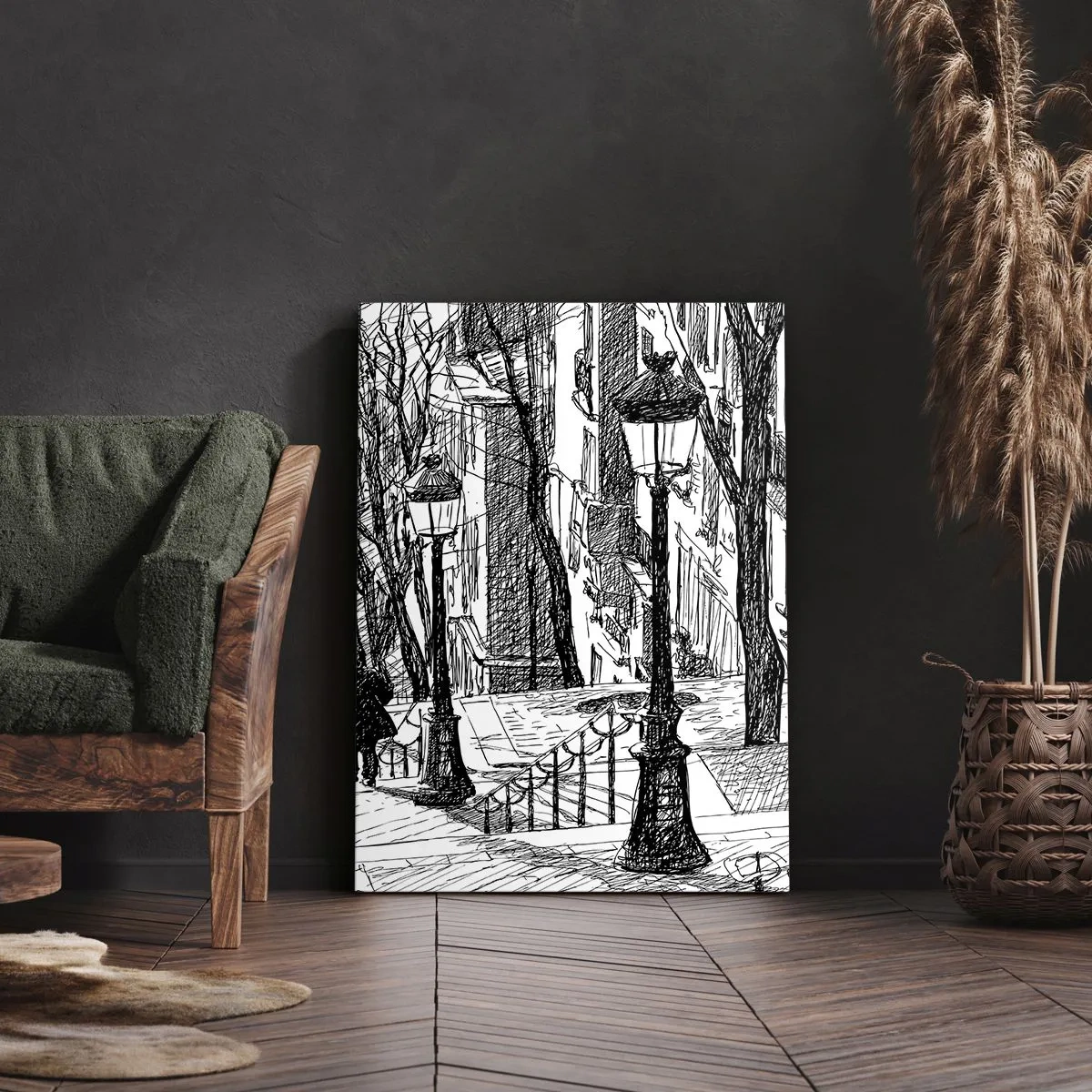 Bild auf Leinwand - Leinwandbild - Eine Straße mit Lampen und einer menschlichen Silhouette in Skizzentechnik - 50x70cm - Liebesgeschichte oder Horrorgeschichte? - Moderne Wanddekoration für Wohnzimmer und Schlafzimmer ARTTOR