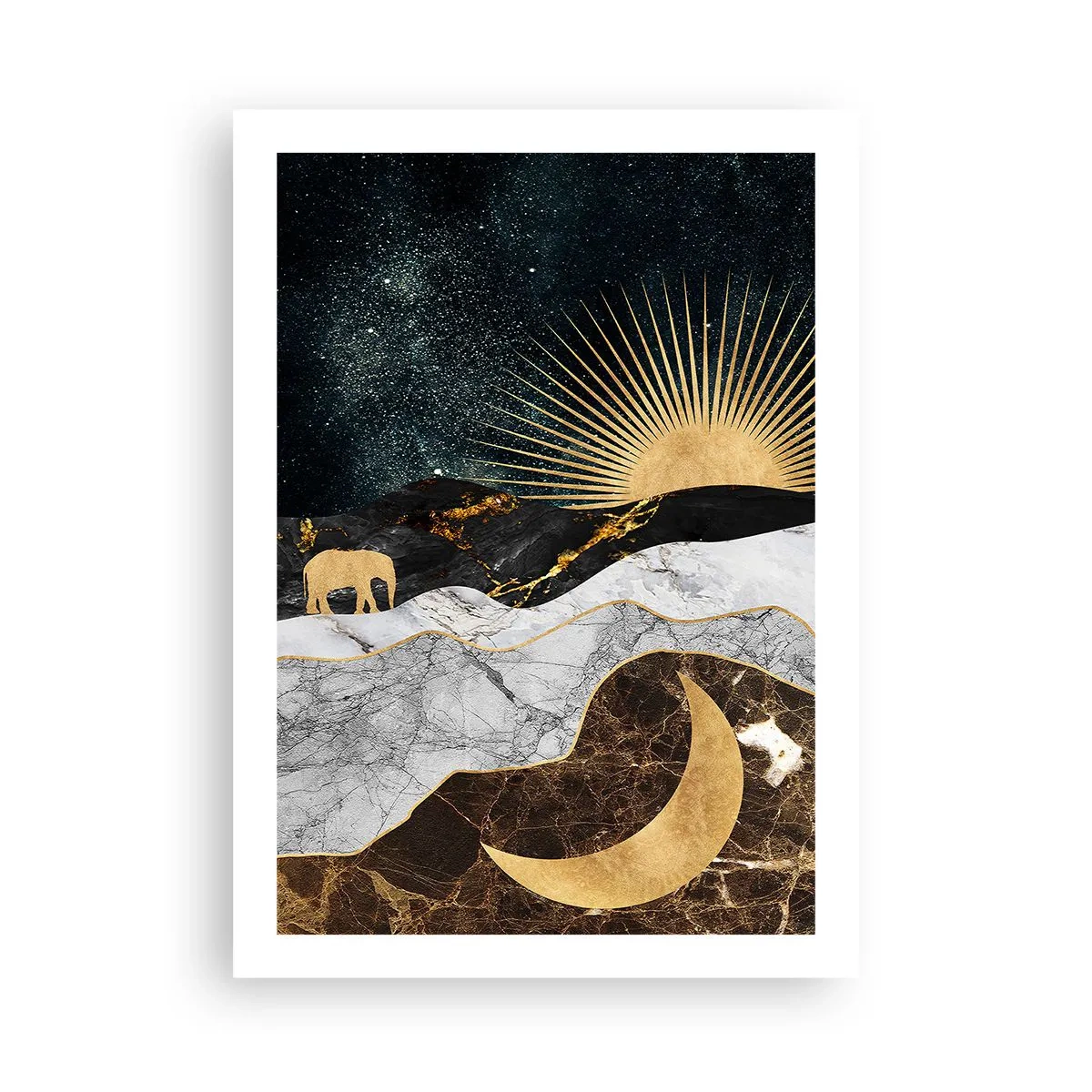 Poster - Goldene Landschaft mit Mond, Sonne und der Silhouette eines Elefanten - 50x70cm - Ewige Gesetze - Moderne Wanddekoration für Wohnzimmer und Schlafzimmer ARTTOR
