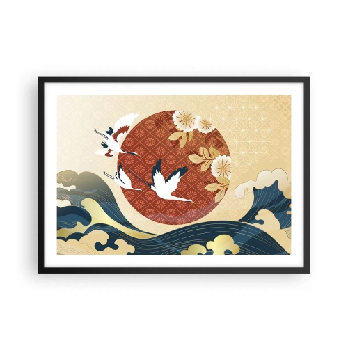 Poster in einem schwarzem Rahmen - Japanische Komposition mit Kranichen und Wellen - 70x50cm - Japanisches Märchen - Moderne Wanddekoration für Wohnzimmer und Schlafzimmer ARTTOR