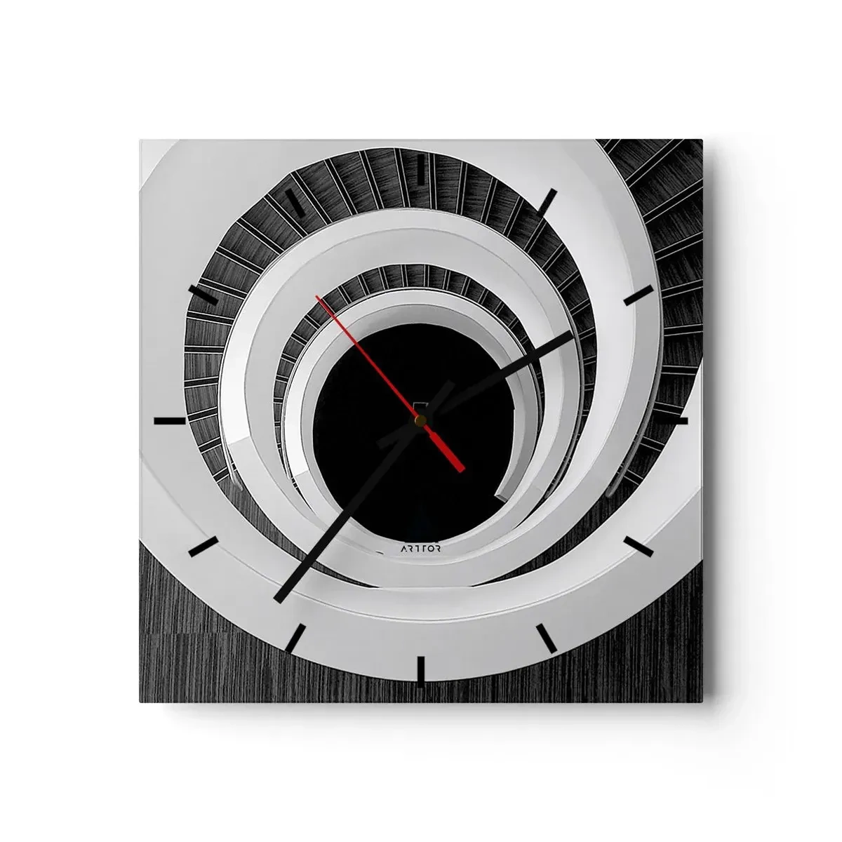 Wanduhr - Glasuhr - Schwarz-weiße Wendeltreppe im modernen Stil - 30x30cm - Zum Kern der Sache - Moderne Wanddekoration für Wohnzimmer und Schlafzimmer ARTTOR