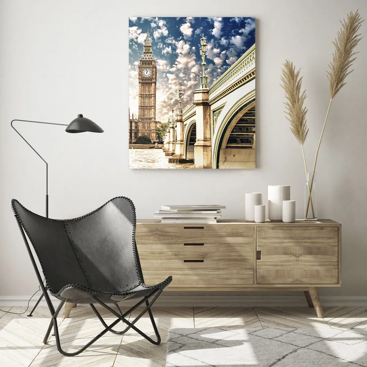 Glasbild - Bild auf glas - Big Ben und Westminster Bridge in London - 50x70cm - Federwolken über der Themse - Moderne Wanddekoration für Wohnzimmer und Schlafzimmer ARTTOR