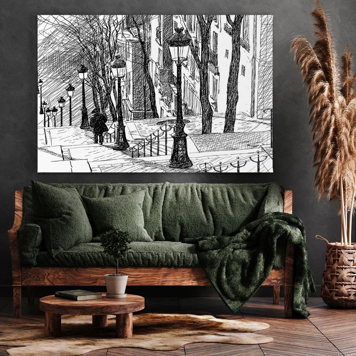 Bild auf Leinwand - Leinwandbild - Eine Straße mit Lampen und einer menschlichen Silhouette in Skizzentechnik - 70x50cm - Liebesgeschichte oder Horrorgeschichte? - Moderne Wanddekoration für Wohnzimmer und Schlafzimmer ARTTOR