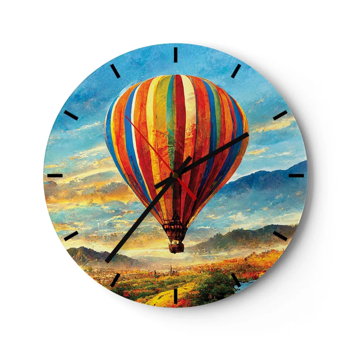 Wanduhr - Glasuhr - Ein bunter Ballon vor einer Berglandschaft bei Sonnenaufgang - 30x30cm - In der Stille sieht man mehr - Moderne Wanddekoration für Wohnzimmer, Küche und Schlafzimmer ARTTOR