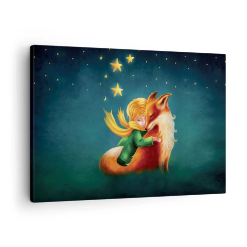 Bild auf Leinwand - Leinwandbild - Ein Junge mit einem Fuchs in einer magischen Umgebung mit Sternen - 70x50cm - Kleiner Prinz - Moderne Wanddekoration für Wohnzimmer und Schlafzimmer ARTTOR