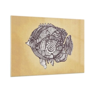 Glasbild - Bild auf glas - Ein Cartoon-Fisch mit Ornamenten auf beigem Hintergrund - 100x70cm - Aus dem Ozean der Ornamente - Moderne Wanddekoration für Wohnzimmer und Schlafzimmer ARTTOR