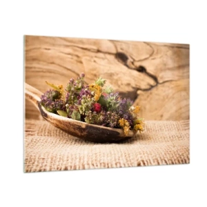 Glasbild - Bild auf glas - Getrocknete Kräuter in einem Holzlöffel auf rustikalem Hintergrund - 100x70cm - Bunte Blumen und duftende Kräuter - Moderne Wanddekoration für Wohnzimmer und Schlafzimmer ARTTOR
