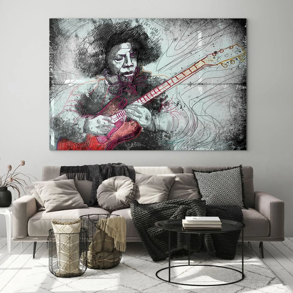 Glasbild - Bild auf glas - Künstlerisches Portrait eines Musikers mit E-Gitarre - 100x70cm - Auf den Wellen der Musik - Moderne Wanddekoration für Wohnzimmer und Schlafzimmer ARTTOR