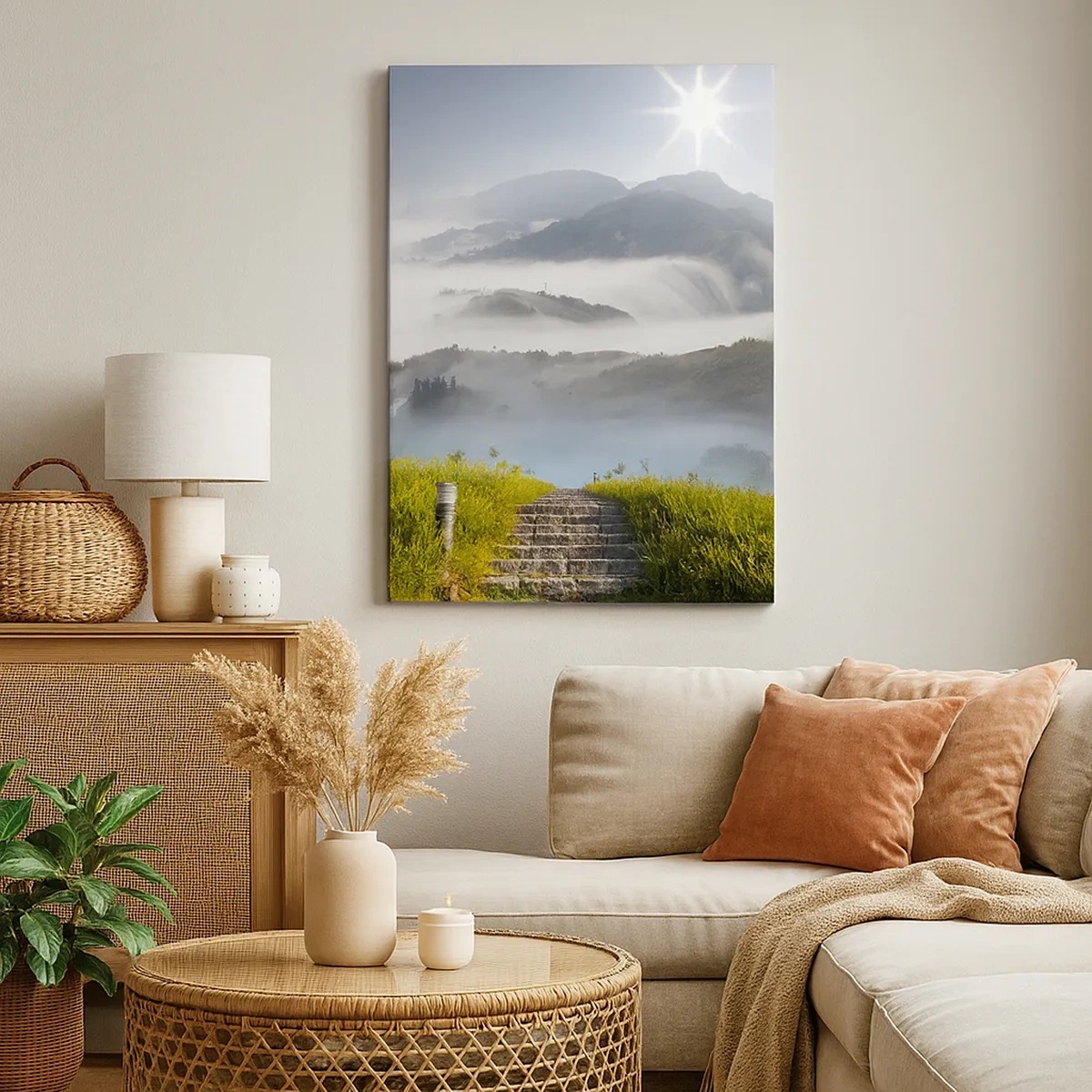 Bild auf Leinwand - Leinwandbild - Steintreppen führen durch die in Morgennebel gehüllten Berge - 50x70cm - Immer noch den Wolken entgegen - Moderne Wanddekoration für Wohnzimmer und Schlafzimmer ARTTOR