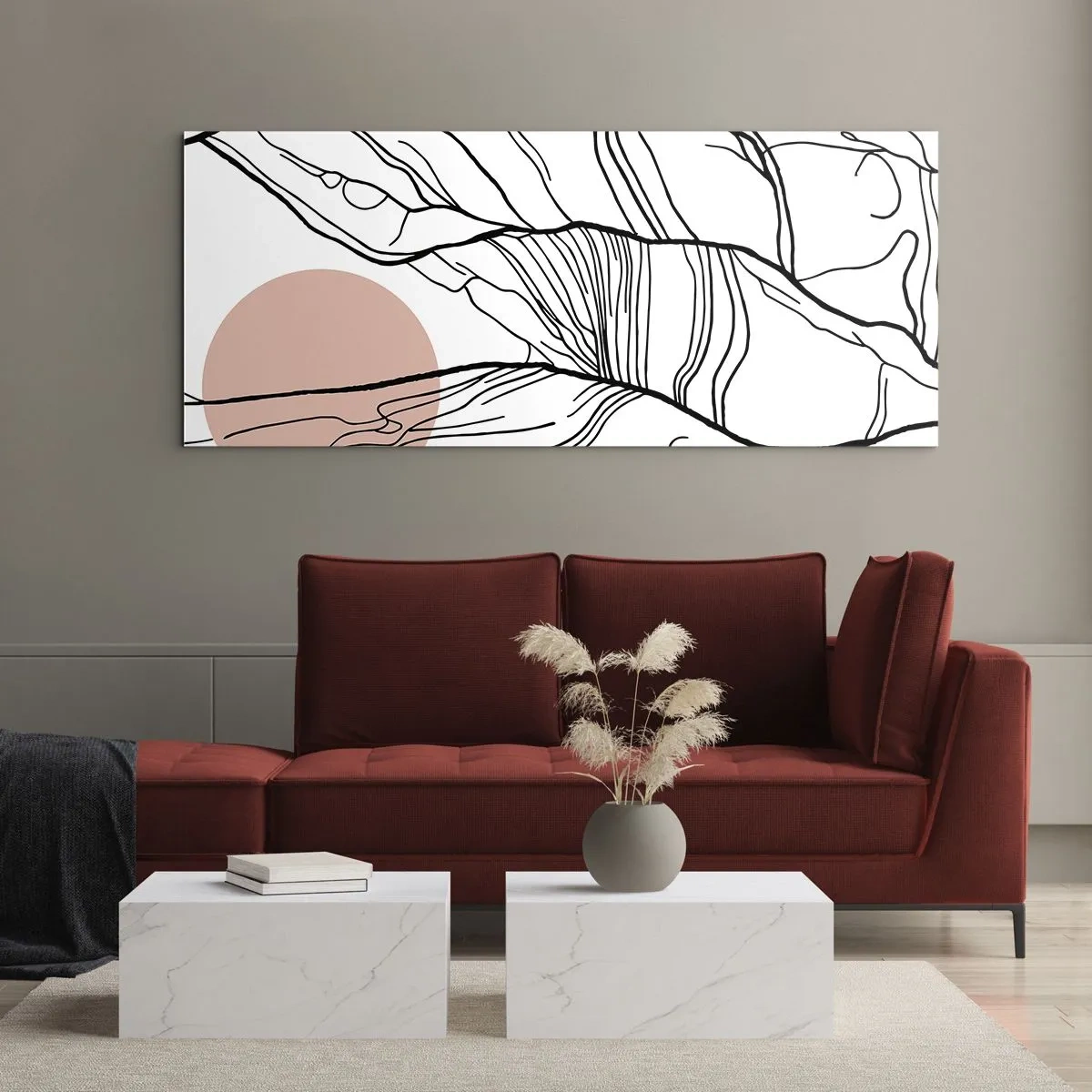 Glasbild - Bild auf glas - Minimalistische Linien mit geometrischem Akzent - 160x50cm - In einem Netz aus Zweigen - Moderne Wanddekoration für Wohnzimmer und Schlafzimmer ARTTOR