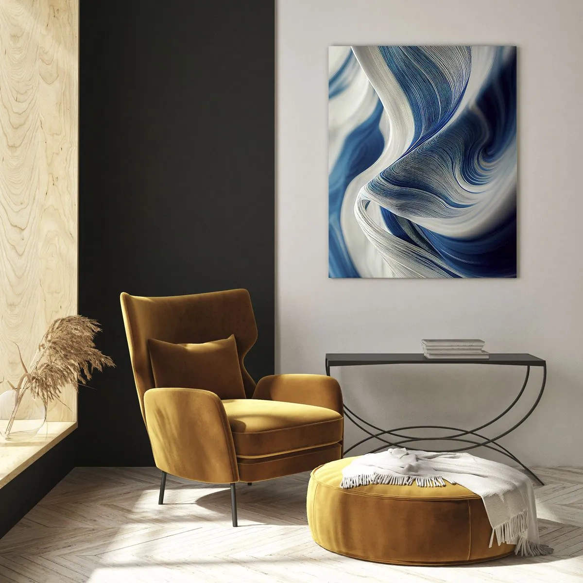 Glasbild - Bild auf glas - Dynamische Abstraktion in Blau- und Weißtönen - 50x70cm - Fließfähigkeit von Blau und Weiß - Moderne Wanddekoration für Wohnzimmer und Schlafzimmer ARTTOR