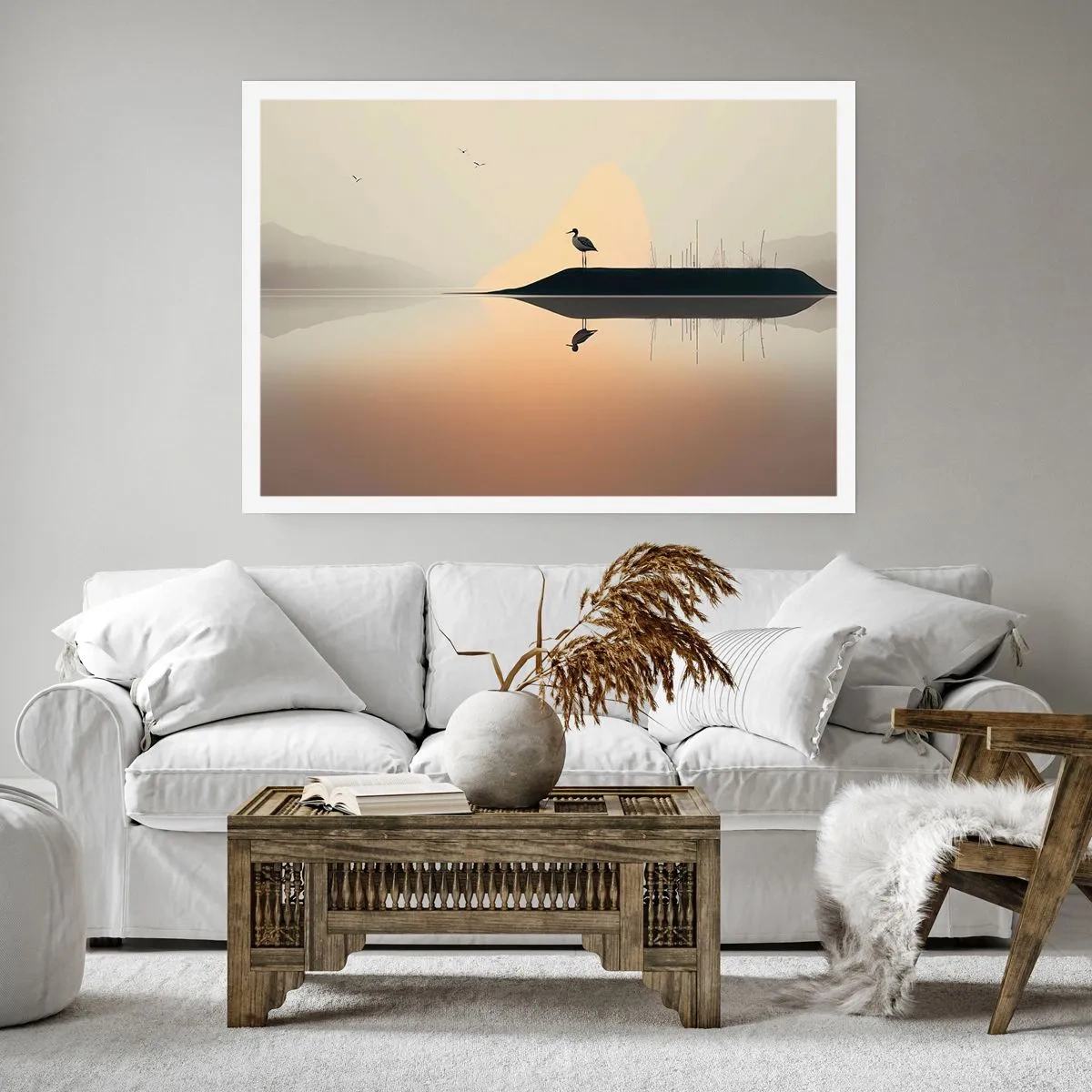 Poster - Ein Vogel auf einer Insel in einem ruhigen See mit warmen Farbtönen - 100x70cm - Herr am See - Moderne Wanddekoration für Wohnzimmer und Schlafzimmer ARTTOR