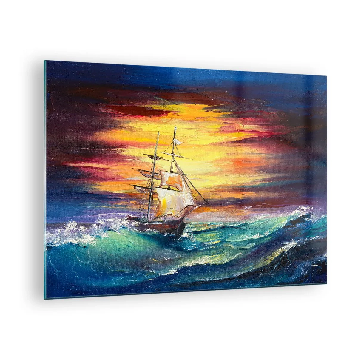 Glasbild - Bild auf glas - Ein Schiff auf stürmischer See bei Sonnenuntergang - 70x50cm - Tapfer unter den Wellen - Moderne Wanddekoration für Wohnzimmer und Schlafzimmer ARTTOR