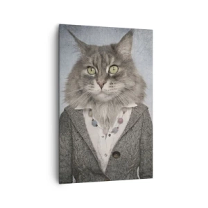 Bild auf Leinwand - Leinwandbild - Ein Triptychon mit Tierfiguren in eleganter Kleidung vor stilisiertem Hintergrund - 80x120cm - Pelze sind wieder in Mode - Moderne Wanddekoration für Wohnzimmer und Schlafzimmer ARTTOR