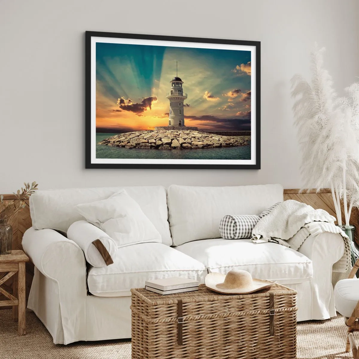 Poster in einem schwarzem Rahmen - Ein Leuchtturm bei Sonnenuntergang gegen den Himmel - 70x50cm - Licht - Gut - Schönheit - Moderne Wanddekoration für Wohnzimmer und Schlafzimmer ARTTOR