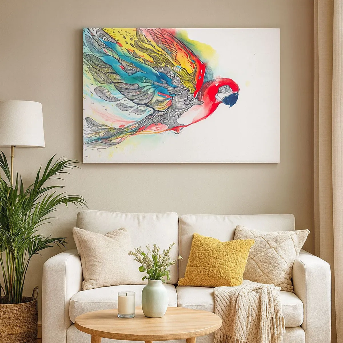 Bild auf Leinwand - Leinwandbild - Ein bunter Papagei im Flug mit abstrakten Mustern auf seinen Flügeln. - 70x50cm - Leben Sie bunt - Moderne Wanddekoration für Wohnzimmer und Schlafzimmer ARTTOR