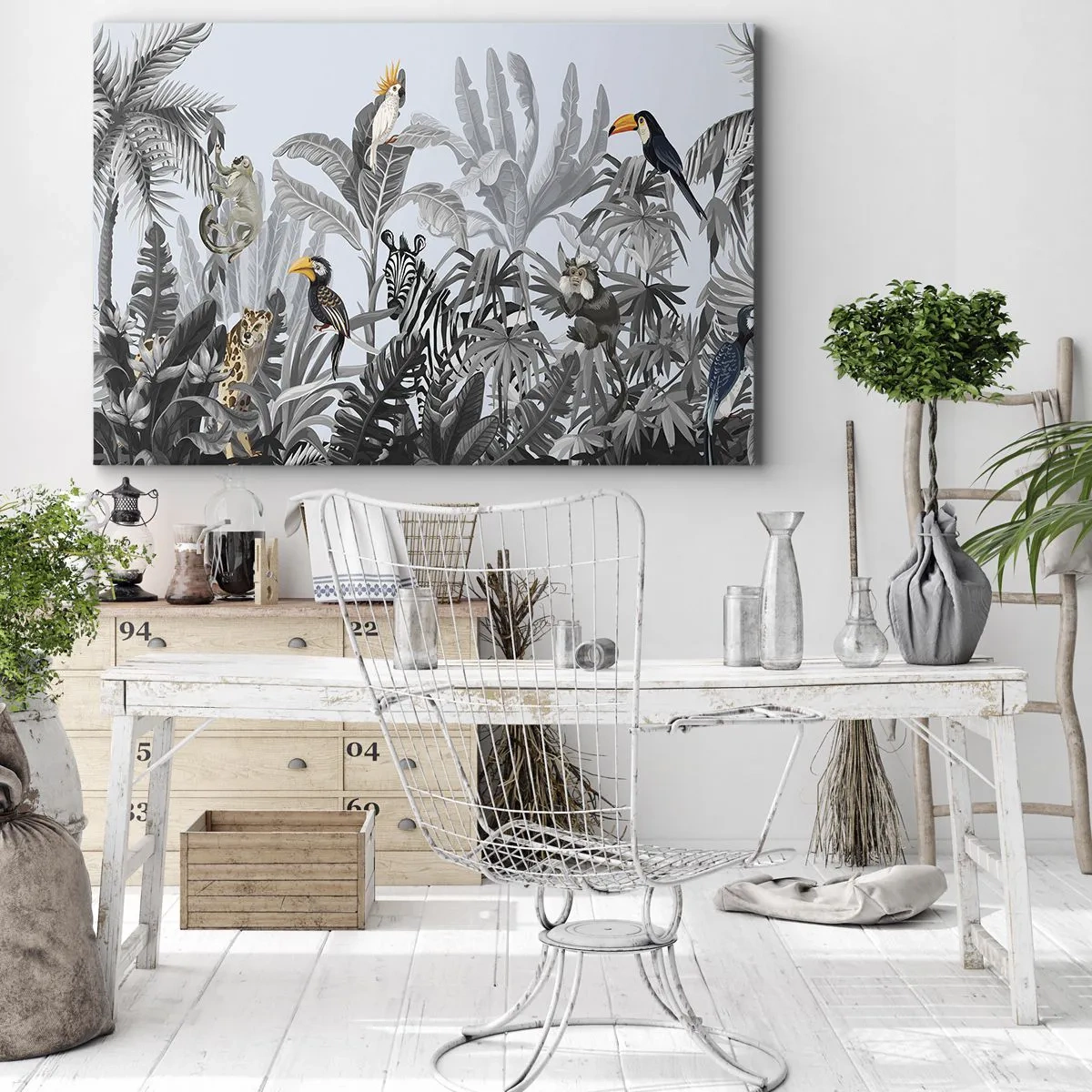 Bild auf Leinwand - Leinwandbild - Tropischer Dschungel mit exotischen Tieren auf grauem Hintergrund - 70x50cm - Afrikanisches Märchen - Moderne Wanddekoration für Wohnzimmer und Schlafzimmer ARTTOR