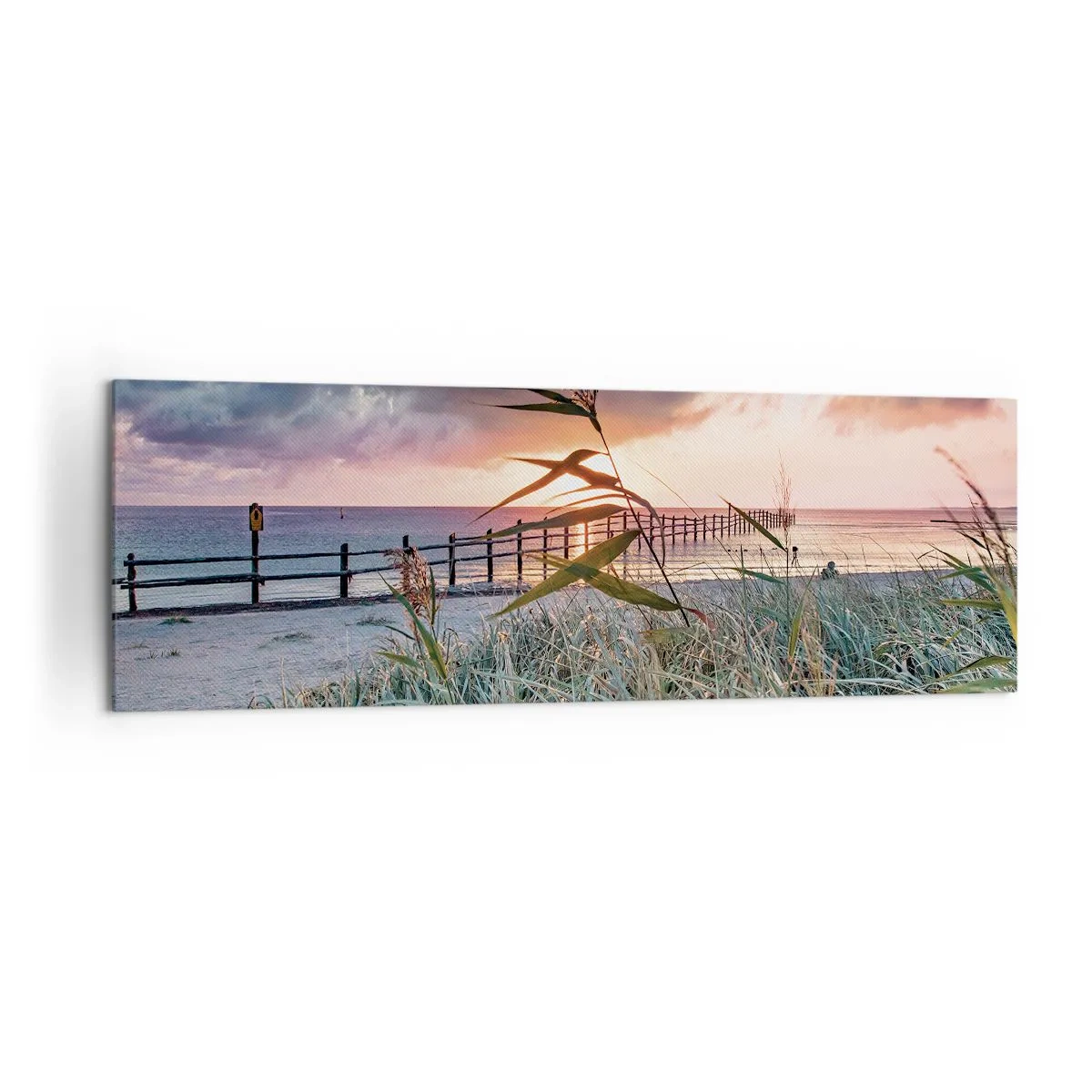 Bild auf Leinwand - Leinwandbild - Strand bei Sonnenuntergang mit Gräsern im Vordergrund - 160x50cm - Es vergeht nicht mit dem Wind - Moderne Wanddekoration für Wohnzimmer und Schlafzimmer ARTTOR