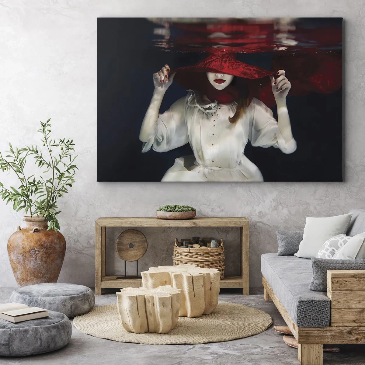Bild auf Leinwand - Leinwandbild - Eine Frau mit rotem Hut im Wasser - 100x70cm - Boshafte Göttin in der slawischen Mythologie - Moderne Wanddekoration für Wohnzimmer und Schlafzimmer ARTTOR
