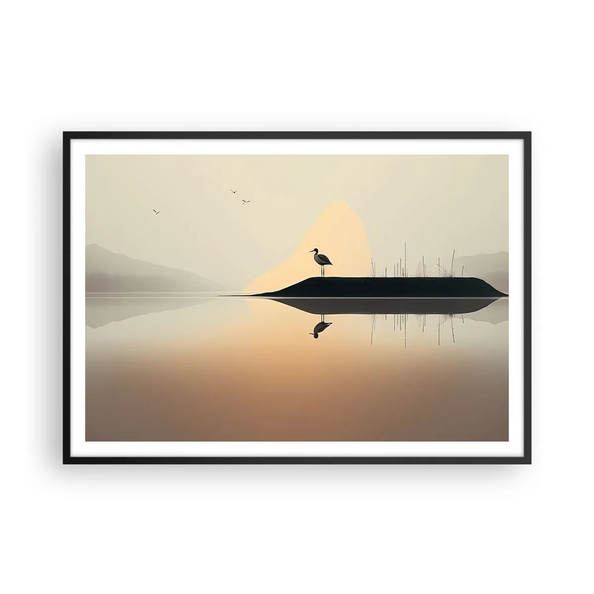 Poster in einem schwarzem Rahmen - Ein Vogel auf einer Insel in einem ruhigen See mit warmen Farbtönen - 100x70cm - Herr am See - Moderne Wanddekoration für Wohnzimmer und Schlafzimmer ARTTOR