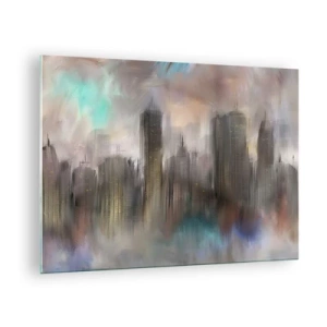 Glasbild - Bild auf glas - Abstraktes Bild einer Stadt mit Wolkenkratzern - 70x50cm - Eine Komposition aus Stahl, Stein und Nebel - Moderne Wanddekoration für Wohnzimmer und Schlafzimmer ARTTOR