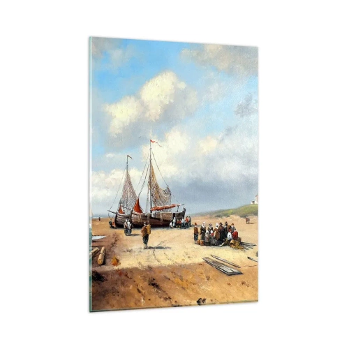 Glasbild - Bild auf glas - Fischerboote am Strand mit menschlichen Figuren - 80x120cm - Nach einem erfolgreichen Fischfang - Moderne Wanddekoration für Wohnzimmer und Schlafzimmer ARTTOR