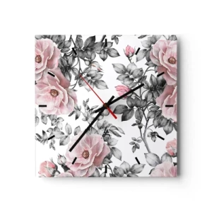 Wanduhr - Glasuhr - Rosa Rosen und Blätter auf einem zarten schwarz-weißen Hintergrund - 30x30cm - Verliere dich in den Blüten der Rosen - Moderne Wanddekoration für Wohnzimmer und Schlafzimmer ARTTOR