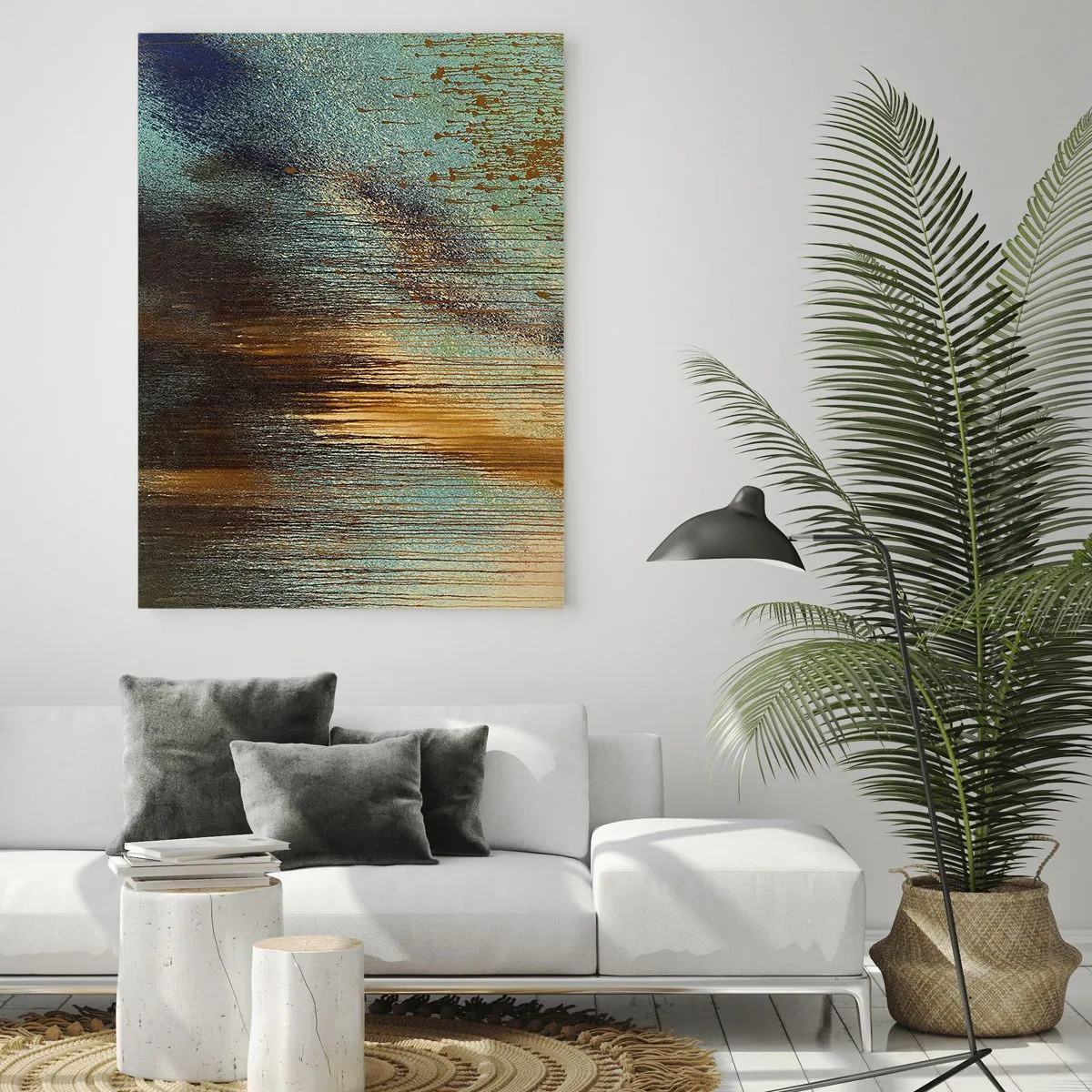 Glasbild - Bild auf glas - Eine abstrakte Farbkomposition in Gold-, Braun- und Blautönen. - 70x100cm - Eine nicht zufällige farbenfrohe Komposition - Moderne Wanddekoration für Wohnzimmer und Schlafzimmer ARTTOR