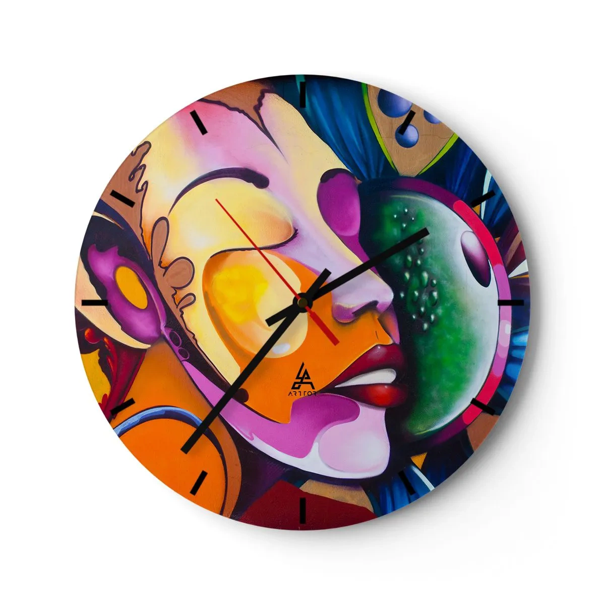 Wanduhr - Glasuhr - Ein abstraktes Porträt in leuchtenden Farben mit surrealen Formen. - 30x30cm - Mit Farbe berühren - Moderne Wanddekoration für Wohnzimmer, Küche und Schlafzimmer ARTTOR