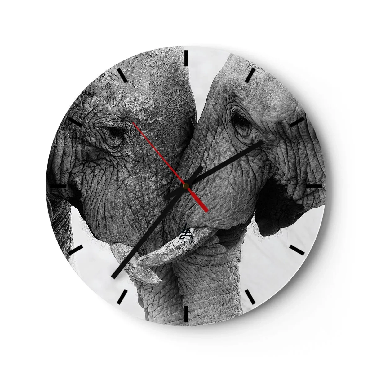 Wanduhr - Glasuhr - Zwei Elefanten mit ineinander verschlungenen Rüsseln in einer zärtlichen Geste - 30x30cm - Herzliches Geständnis - Moderne Wanddekoration für Wohnzimmer, Küche und Schlafzimmer ARTTOR
