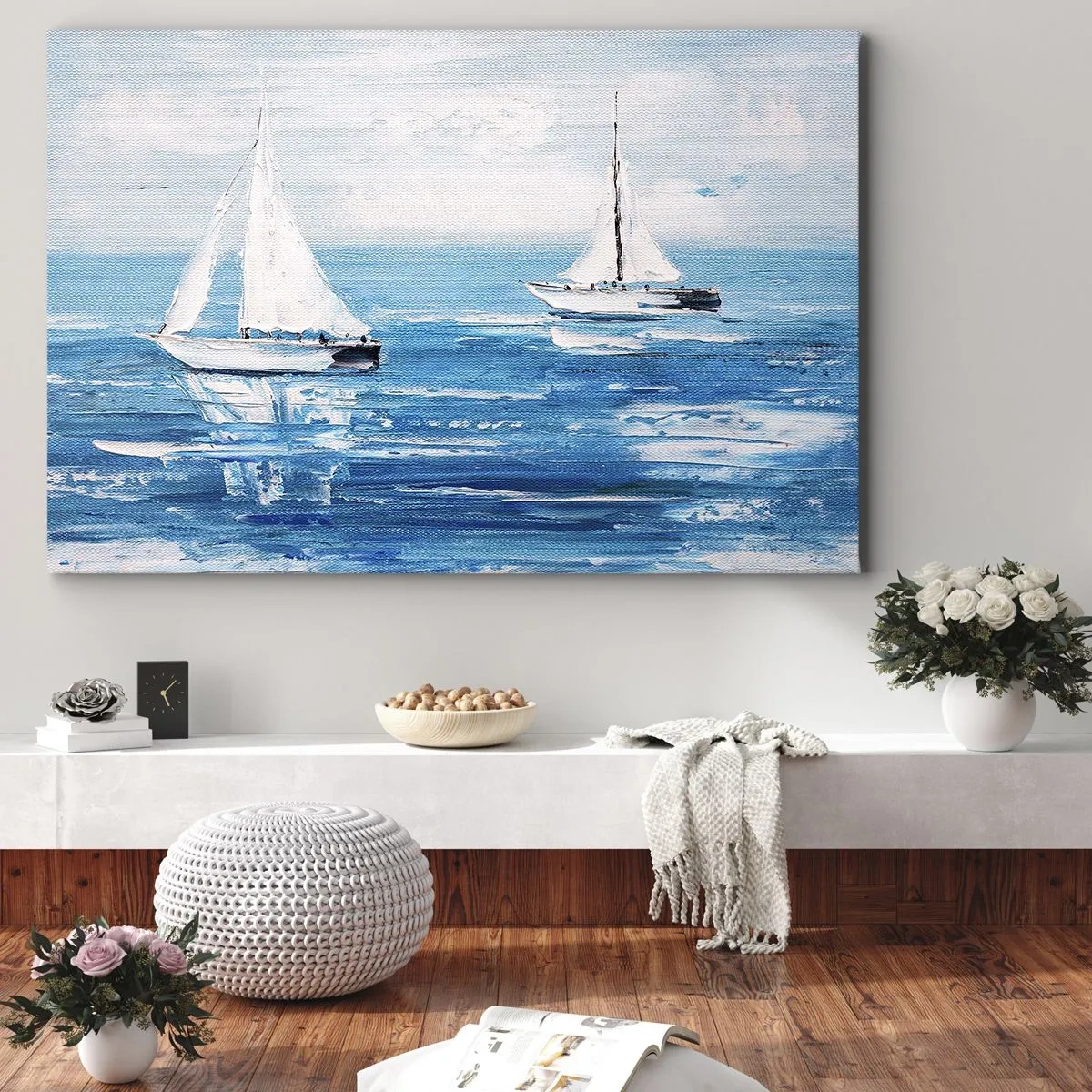 Bild auf Leinwand - Leinwandbild - Yachten auf dem blauen Meer im künstlerischen Stil - 120x80cm - Mit Freund an der Seite - Moderne Wanddekoration für Wohnzimmer und Schlafzimmer ARTTOR