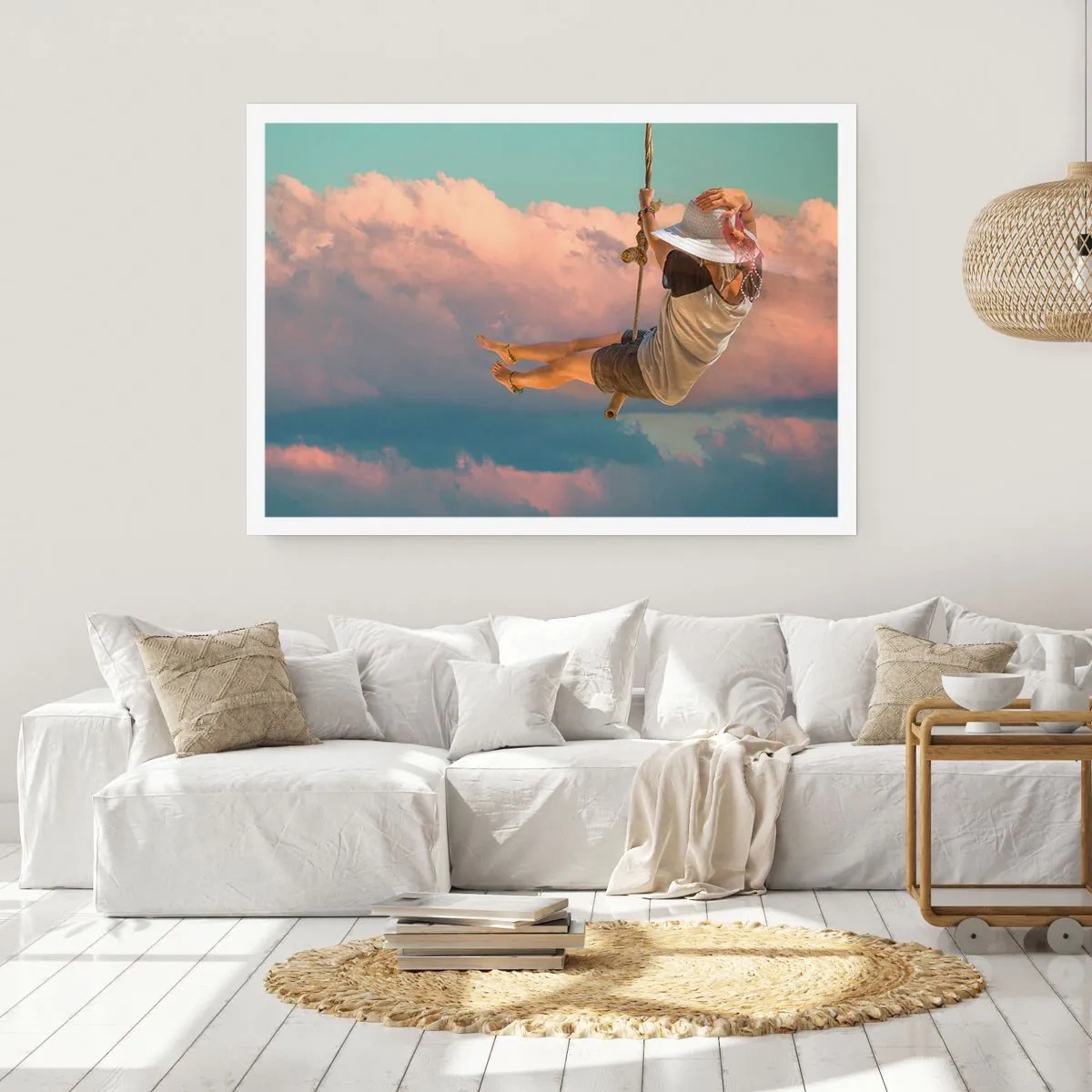 Poster - Frau auf einer Schaukel zwischen rosa Wolken - 100x70cm - Spaß in den Wolken - Moderne Wanddekoration für Wohnzimmer und Schlafzimmer ARTTOR