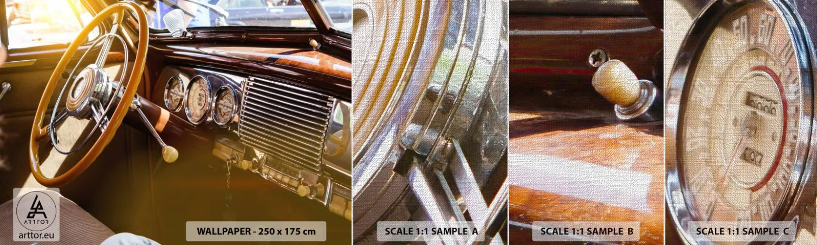Fototapeten Muster Premium Canvas - Ein Hauch von Luxus aus der Vergangenheit - Oldtimer, Automobil, Armaturenbrett - 100x30 cm