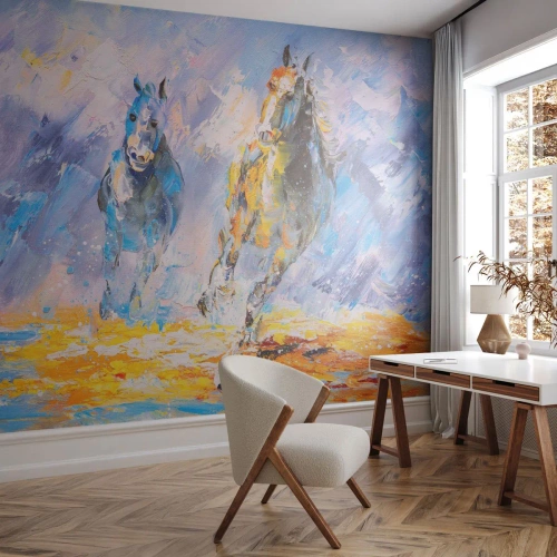 Fototapete Standard Eco - Galopp durch die Blendung - Tiere, Pferde, Impressionismus - 400x280 cm