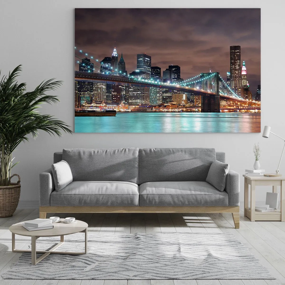 Glasbild - Bild auf glas - Nachtpanorama der Stadt mit der beleuchteten Brücke - 100x70cm - Lichter der Großstadt - Moderne Wanddekoration für Wohnzimmer und Schlafzimmer ARTTOR