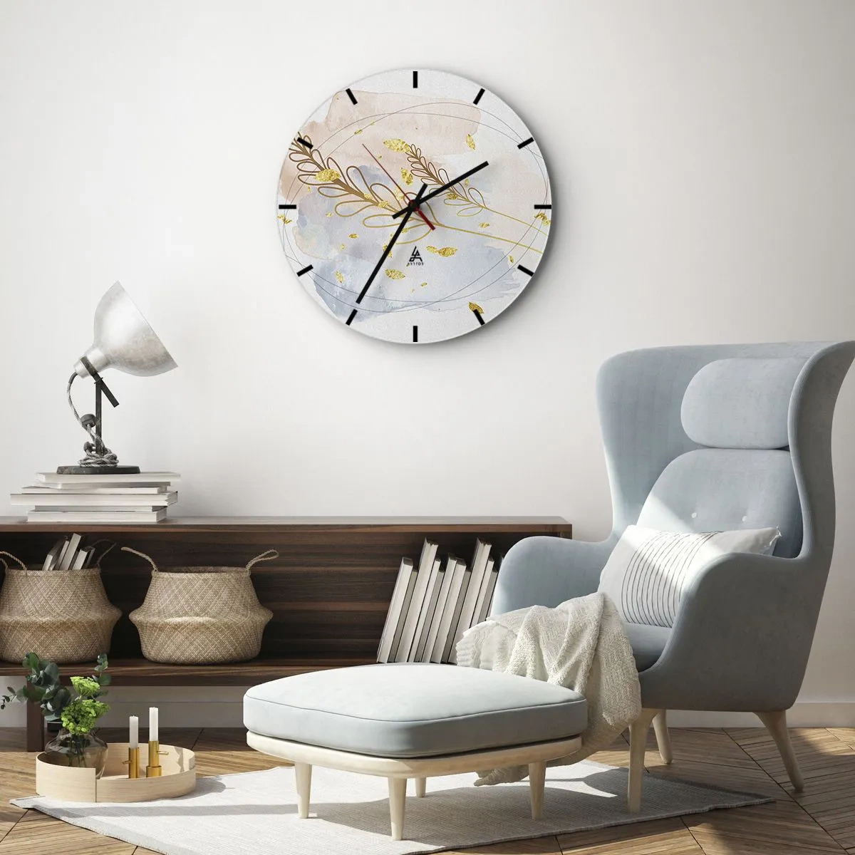 Wanduhr - Glasuhr - Ein zartes Blumenmotiv mit goldenen Akzenten in Aquarell - 30x30cm - Goldenr Hauch - Moderne Wanddekoration für Wohnzimmer, Küche und Schlafzimmer ARTTOR
