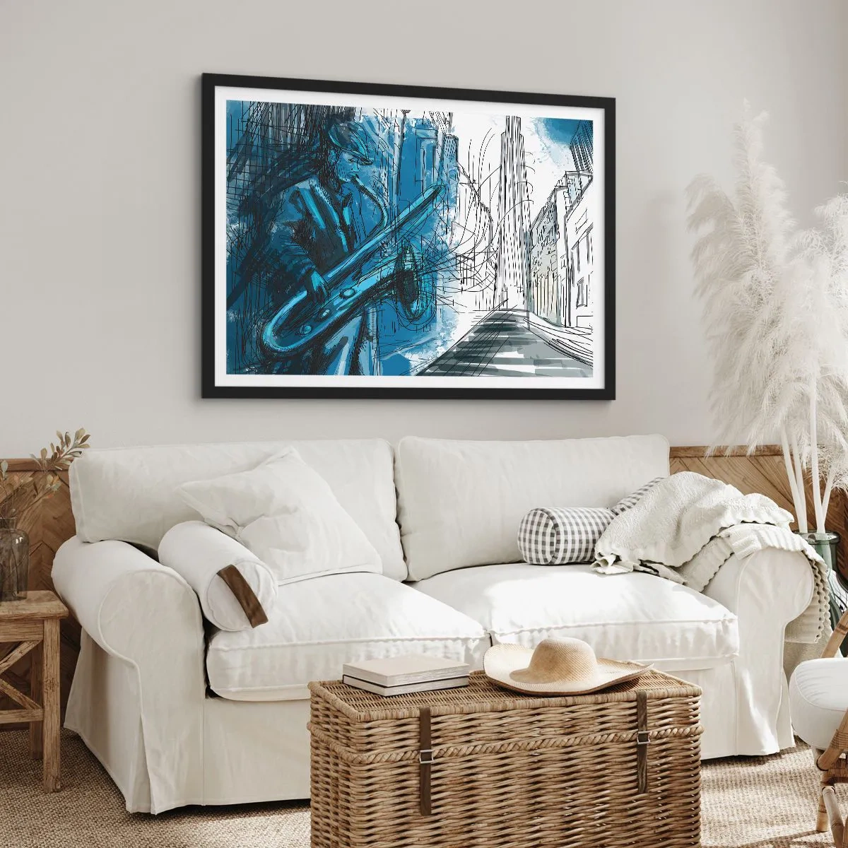 Poster in einem schwarzem Rahmen - Eine Saxophon spielende Figur vor dem Hintergrund einer Stadt - 70x50cm - Urbane Rhapsodie - Moderne Wanddekoration für Wohnzimmer und Schlafzimmer ARTTOR