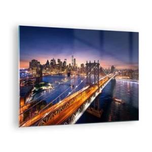 Glasbild - Bild auf glas - Die Brücke vor der Kulisse des abendlichen Stadtpanoramas mit beleuchteten Wolkenkratzern - 70x50cm - Eine leuchtende Brücke zum Herzen der Stadt - Moderne Wanddekoration für Wohnzimmer und Schlafzimmer ARTTOR