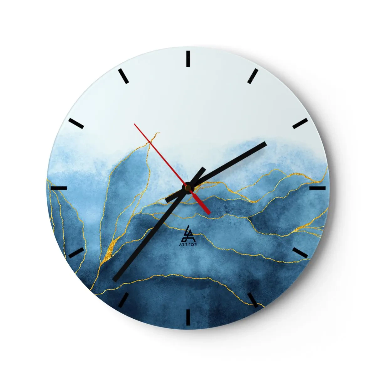 Wanduhr - Glasuhr - Abstrakte blaue Berge mit goldenen Linien auf hellem Hintergrund - 30x30cm - Blau im Gold - Moderne Wanddekoration für Wohnzimmer, Küche und Schlafzimmer ARTTOR
