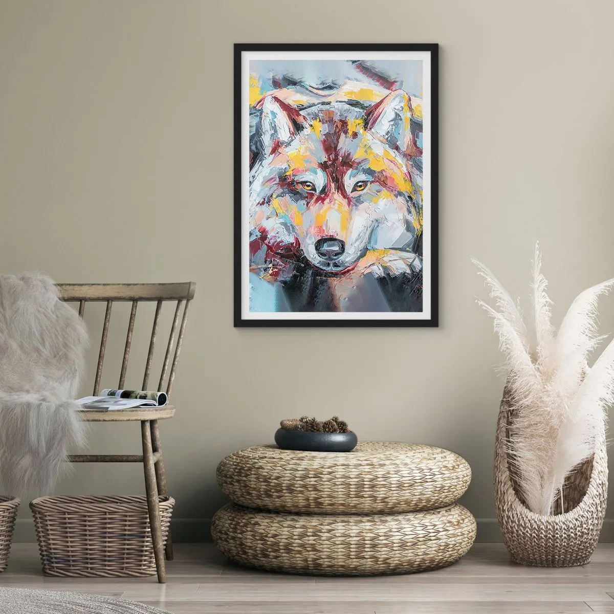 Poster in einem schwarzem Rahmen - Abstraktes Porträt eines Wolfes mit bunten Pinselstrichen. - 50x70cm - Seelenfrieden unter den Lieben - Moderne Wanddekoration für Wohnzimmer und Schlafzimmer ARTTOR